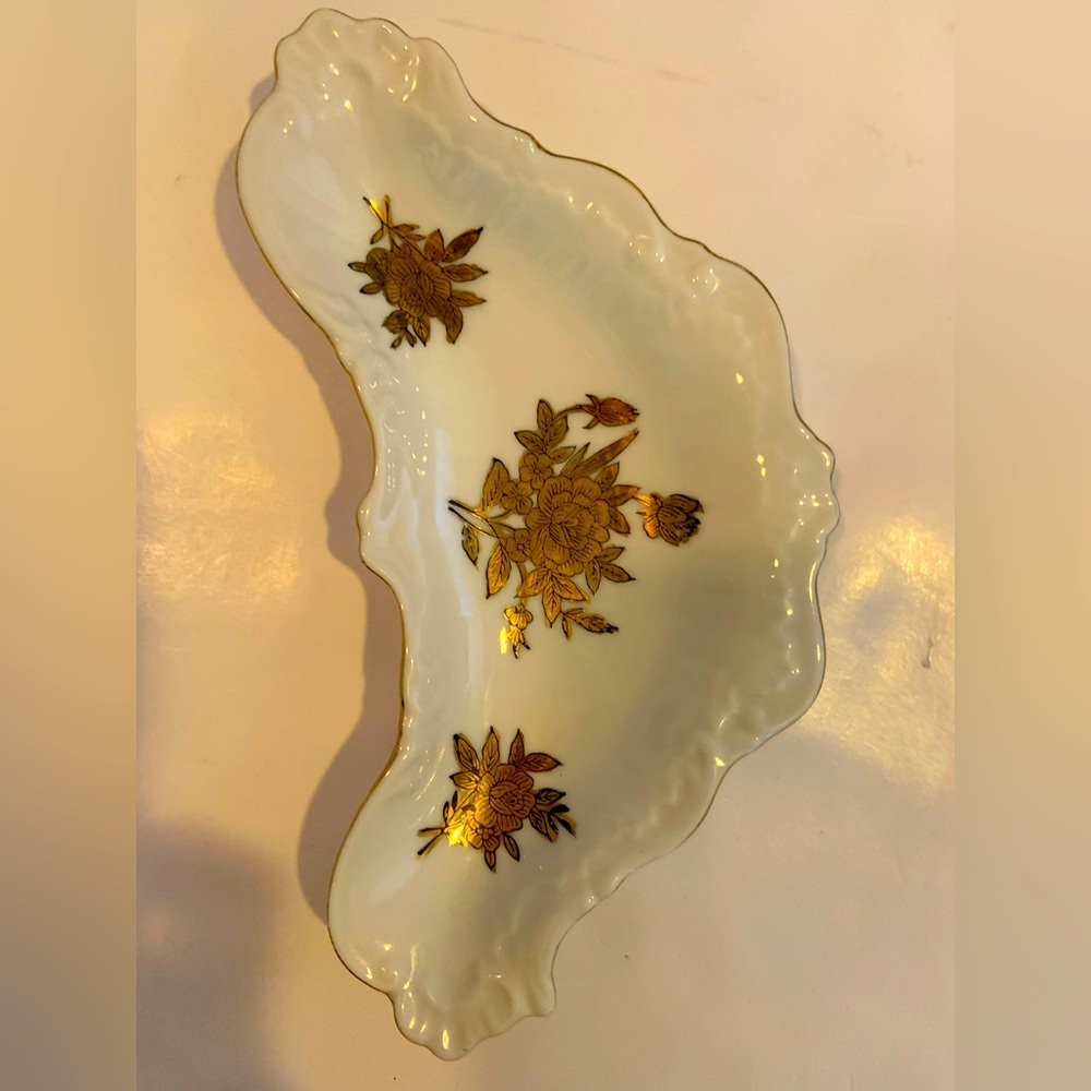 Vintage Arnart Crescent Porcelain White & Gold Floral Embossed Candy Dish